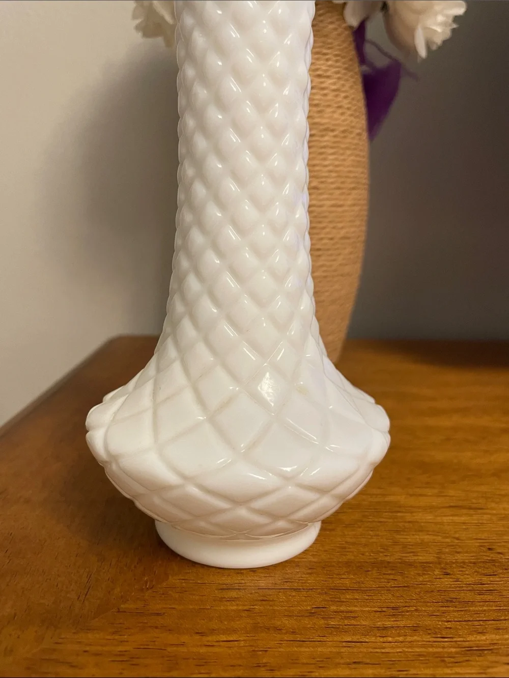 Vintage White Milk Glass Bud or Flower Vase Classic Diamond Quilted Pattern 9”H